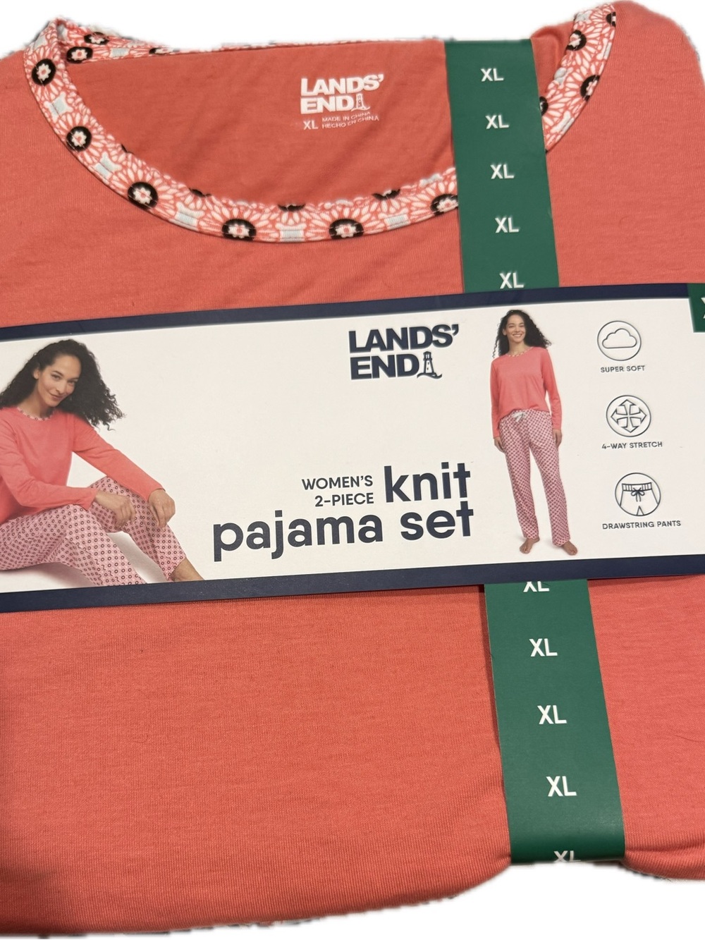 Lands' End Coral Pink Floral Knit Pajama Set